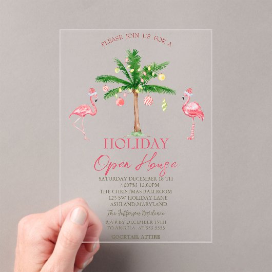 Palm Pink Flamingos Holiday Open House Acryl Uitnodigingen (Insitu (Draagbaar))