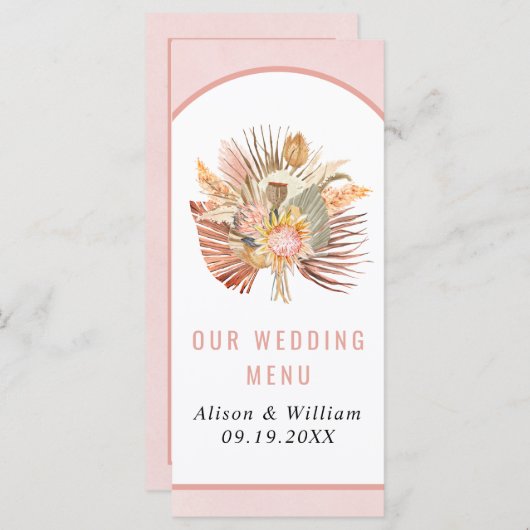 Palm séché pampas herbe doux rose mariage menu (Devant / Derrière)