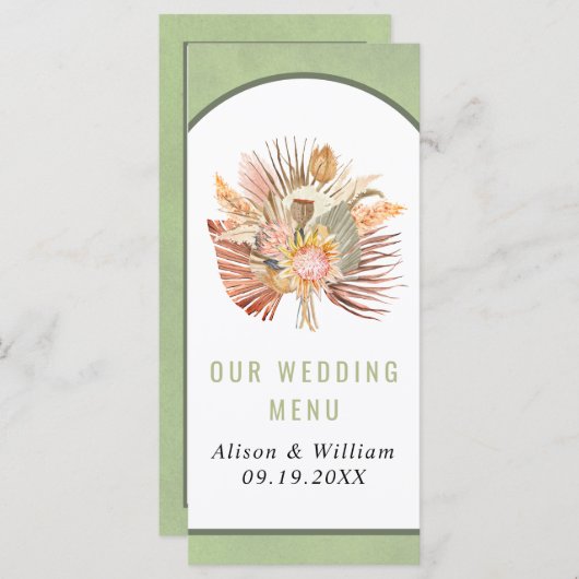 Palm séché pampas herbe sauge vert mariage menu (Devant / Derrière)