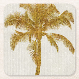 Palm Silhouette Gold Faux Glitter Tropical Design Vierkante Kartonnen Onderzetter