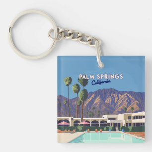 Palm Springs California Pool Hotel Bomen Retro Sleutelhanger