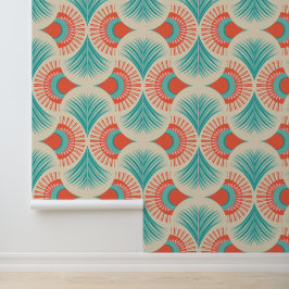 Palm Springs - Sunset Palms - Coral Red and Teal Behang