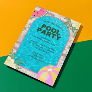 Palm Summer Blue Adult Pool Party Invitation
