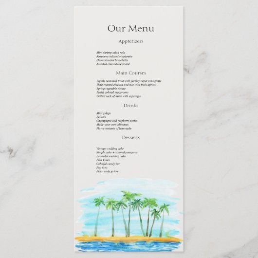 Palm Tree and Beach Wedding Menu du dîner (Devant)