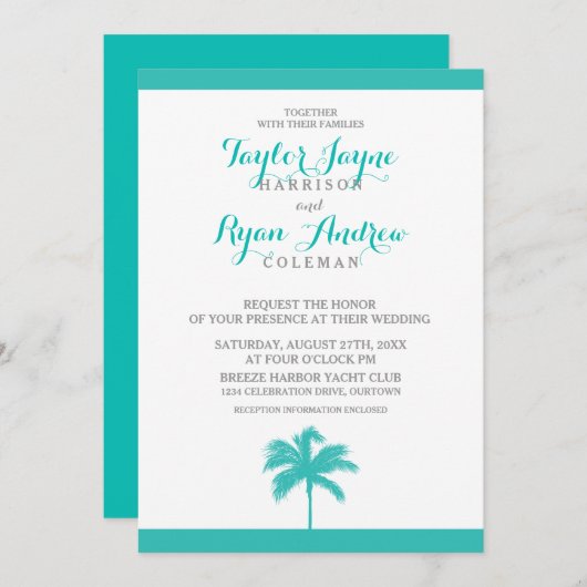 Palm Tree Aqua Gray Wedding Kaart (Voorkant / Achterkant)