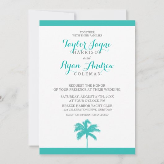 Palm Tree Aqua Grey Faire-part de mariage (Devant)