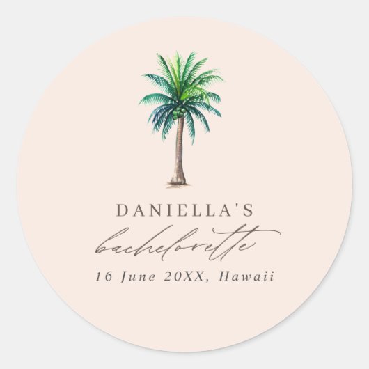 Palm Tree Bachelorette Party Blush Favor Ronde Sticker (Voorkant)