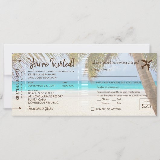 Palm Tree Beach Boarding Pass Faire-part de mariag (Devant)