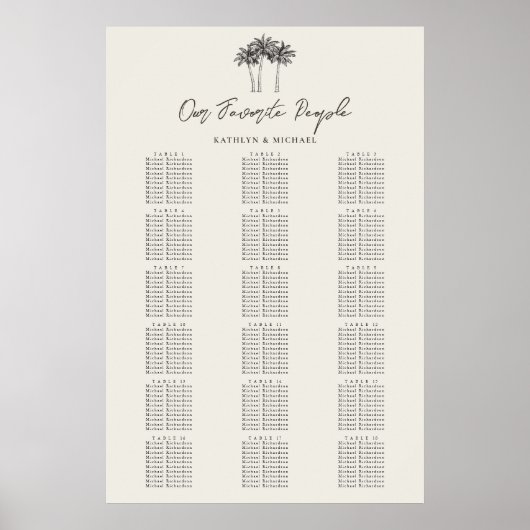 Palm Tree Beach bruiloft 18 tafel zitgrafiek Poster (Voorkant)