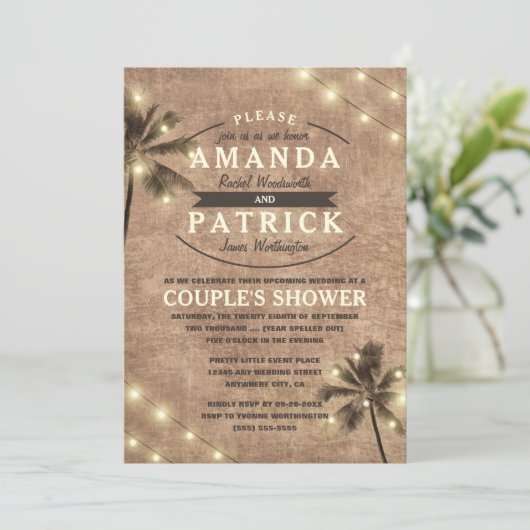 Palm Tree Beach Couples Invitations de douche (Debout devant)