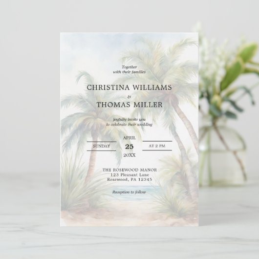 Palm Tree Beach Destination Mariage Invitation (Debout devant)