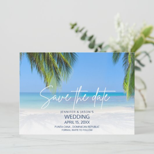 Palm Tree Beach Destination Wedding  Save The Date (Staand voorkant)