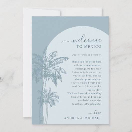 Palm Tree Beach Dusty Blue Wedding Itinerary Kaart (Voorkant)