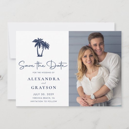 Palm Tree Beach Navy Bruiloft Save the Date (Voorkant)