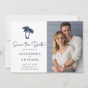 Palm Tree Beach Navy Bruiloft Save the Date