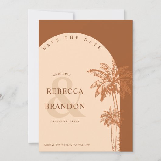 Palm Tree Beach Terracotta QR Code Weddenschap Save The Date (Voorkant)