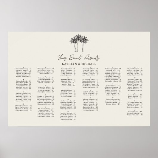 Palm Tree Bestemming Bruiloft Alfabetische Zitplaa Poster (Voorkant)