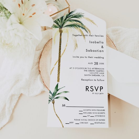 Palm Tree Bestemming Entree Keuze RSVP Bruiloft All In One Uitnodiging
