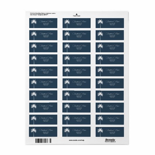 Palm Tree Blanc Bleu Élégant Étiquette de script m (Feuille entière)