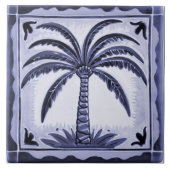 Palm Tree Blauw en Wit Tropisch strandhuis Tegeltje (Voorkant)
