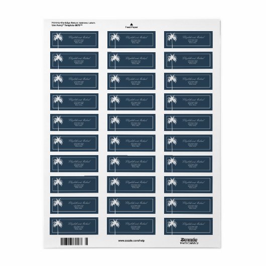 Palm Tree Bleu Blanc Élégant Étiquette de script m (Feuille entière)