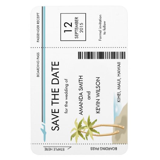 Palm Tree Boarding Pass Magnet Réservez la date (Vertical)
