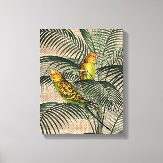 Palm Tree Boedgerigar Parrot Rustic Hessian Canvas (Voorkant)