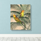 Palm Tree Boedgerigar Parrot Rustic Hessian Canvas Afdruk (Insitu (Houten vloer))
