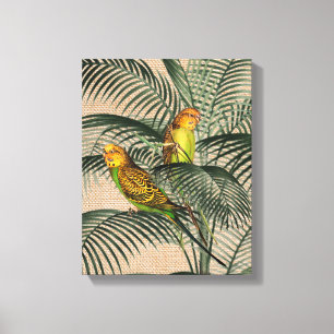 Palm Tree Boedgerigar Parrot Rustic Hessian Canvas Afdruk