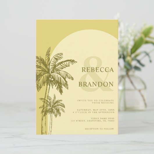 Palm Tree Boho Beach Yellow QR Code Wedding Kaart (Staand voorkant)