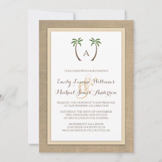 Palm Tree Burlap Beach Faire-part de mariage tropi (Devant)