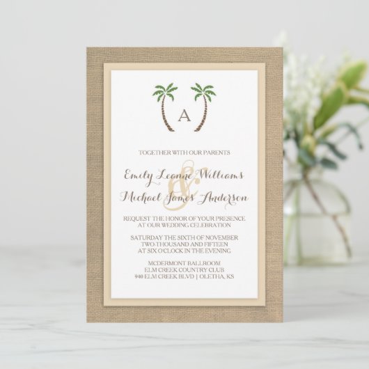 Palm Tree Burlap Beach Faire-part de mariage tropi (Debout devant)