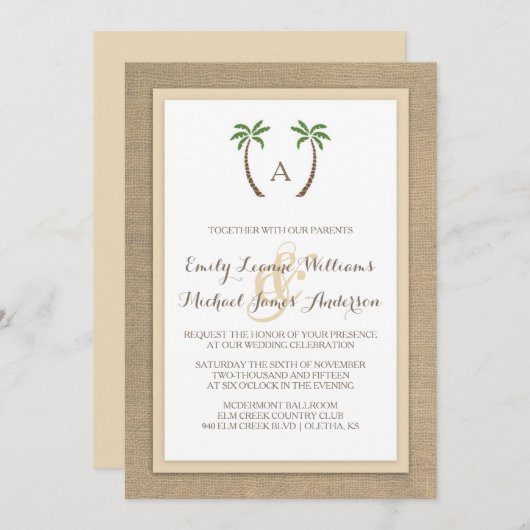 Palm Tree Burlap Beach Faire-part de mariage tropi (Devant / Derrière)