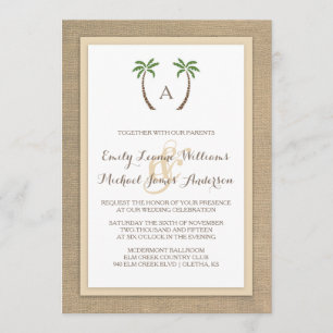 Palm Tree Burlap Beach Tropical Wedding Invitation Kaart