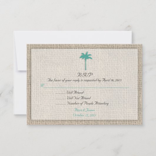 Palm Tree & Burlap Beach Wedding RSVP Turquoise (Voorkant)