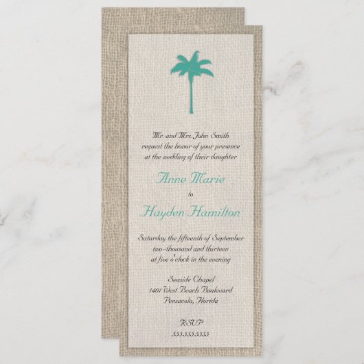 Palm Tree & Burlap Faire-part de mariage - Turquoi (Devant / Derrière)