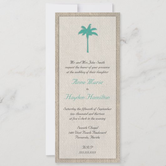 Palm Tree & Burlap Faire-part de mariage - Turquoi (Devant)