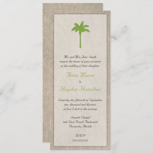 Palm Tree & Burlap Wedding Invitation - Groen Kaart (Voorkant / Achterkant)
