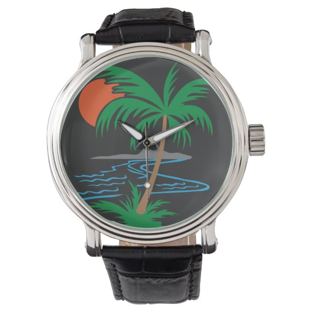 Palm Tree by the River | Tropical Sunset Art Horloge (Voorkant)