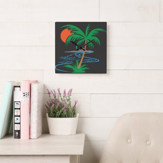 Palm Tree by the River | Tropical Sunset Art Vierkante Klok (Leeskamer)