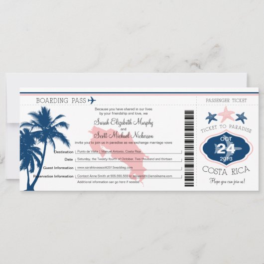 Palm Tree Costa Rica Boarding Pass Wedding Kaart (Voorkant)