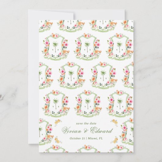 Palm Tree Crest Monogram Zomer Boho Beach Huwelijk Save The Date (Voorkant)