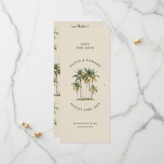 Palm Tree Destination Elegant Coastal Wedding Save The Date (Voorkant / Achterkant in situ)