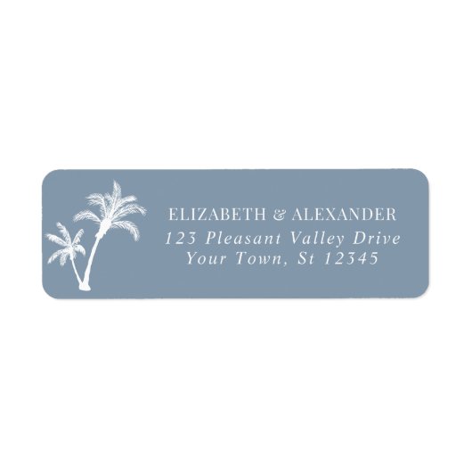 Palm Tree Dusty Blue Bruiloft Retouradres Etiket (Voorkant)