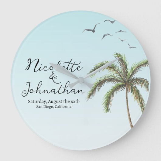 Palm Tree en Vogels Eenvoudige Strand Bruiloft Grote Klok (Voorkant)