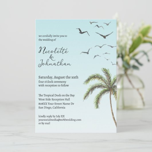 Palm Tree en Vogels Eenvoudige Strand Bruiloft Kaart (Staand voorkant)