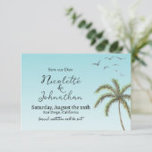 Palm Tree en Vogels Eenvoudige Strand Bruiloft Save The Date (Staand voorkant)