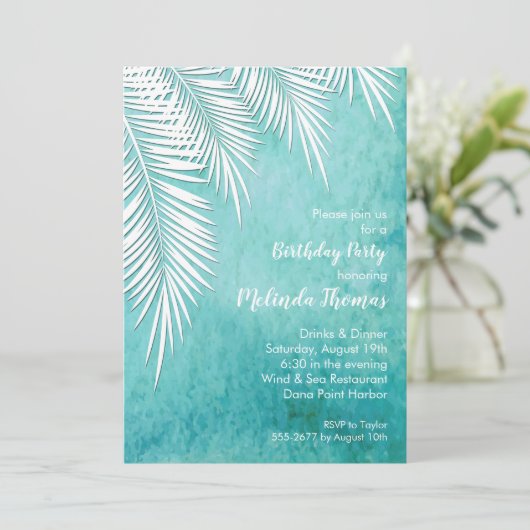 Palm Tree Fronds Tropical Anniversaire Invitations (Debout devant)