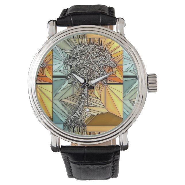 Palm Tree Glas in lood Style Watch Horloge (Voorkant)