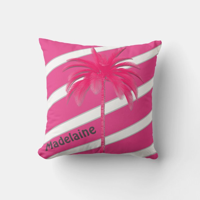 Palm Tree Hot Pink Stripe Persoonlijk Sierkussen (Voorkant)